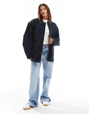 ASOS DESIGN överdimensionerad tvättad jacka med läderlook-krage i marinblå