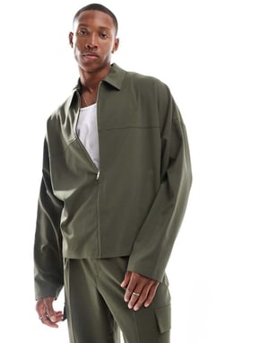 ASOS DESIGN smart co-ord smal truckerjacka med cargofickor i khaki
