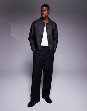 ASOS DESIGN fusk läder boxig Harrington-jacka i svart