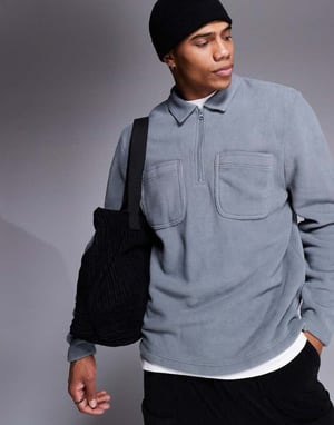 ASOS DESIGN fleece-tröja med halvdragkedja och krage i grå - GRÅ