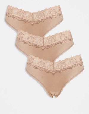 ASOS DESIGN Minnie 3-pack bomull-brazilian trosa med spetstyg i neutral färg