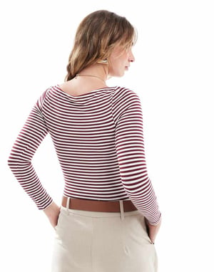 Miss Selfridge långärmad bodysuit med båtkrage i randigt mönster