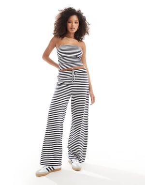 ASOS DESIGN bandeau topp set i marinblå och vit rand