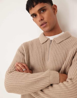 ASOS DESIGN ullmix oversized tungvikts kvartdraget ribbstickad jumper med krage i taupe