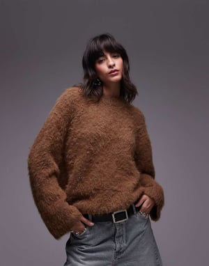 Topshop stickad ultrafluffig oversized tröja i kolafärg
