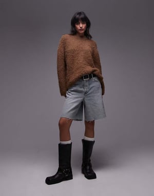 Topshop stickad ultrafluffig oversized tröja i kolafärg