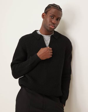 ASOS DESIGN blandning av ull oversize tungvikts kvartdragkedja ribbstickad polo i svart