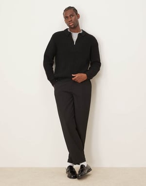 ASOS DESIGN blandning av ull oversize tungvikts kvartdragkedja ribbstickad polo i svart