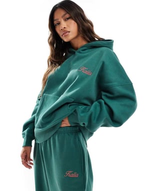Kaiia bomullsblandning rosa logotyp oversized hoodie-koord i mörkgrön