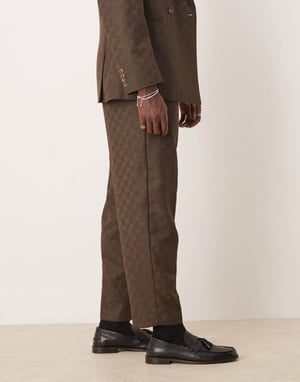 ASOS DESIGN oversized tapered kostymbyxor i brun rutigt jacquard