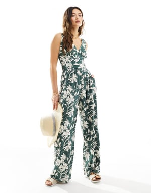 Abercrombie & Fitch co-ord vida linneblandade byxor med elastisk midja i grönt blommönster