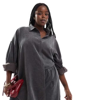 ASOS DESIGN Curve oversized randig kordskjorta i grått