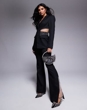 ASOS LUXE co-ord utsvängda byxor med diamantefransar i svart