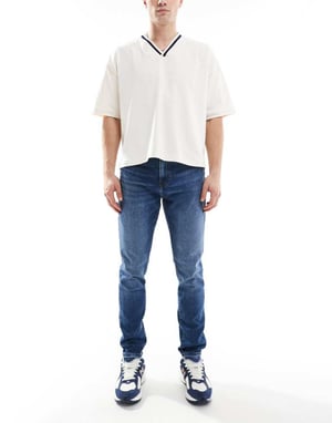 ONLY & SONS Rep slim tapered fit jeans i medelblå tvätt