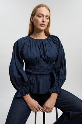 Shirred Cotton Balloon Sleeve Blouse