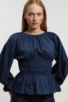 Shirred Cotton Balloon Sleeve Blouse