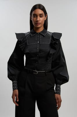 Cotton Sateen Drama Sleeve Studded Woven Maxi Shirt