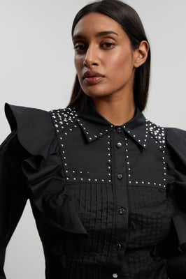 Cotton Sateen Drama Sleeve Studded Woven Maxi Shirt