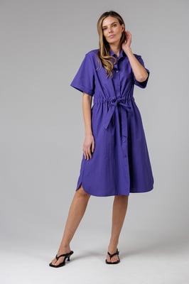 Blue Cotton Blend Short Sleeve Tie Waist Poplin Midi Shirt Dress