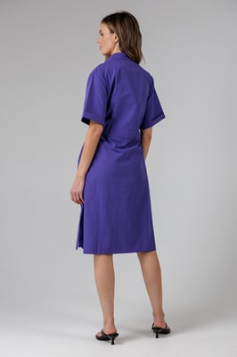 Blue Cotton Blend Short Sleeve Tie Waist Poplin Midi Shirt Dress