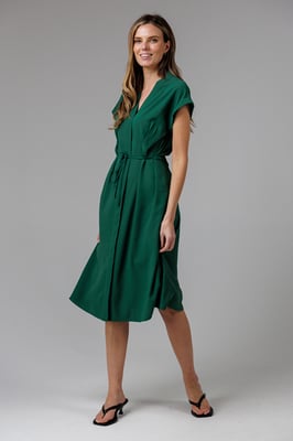 Green V-Neck Cap Sleeve Crepe Midi Dress