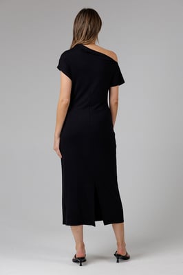 Black Ruched Boat Neck Short Sleeve Midi Dress