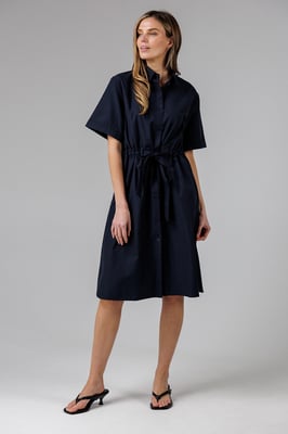 Navy Cotton Blend Short Sleeve Tie Waist Poplin Midi Shirt Dress