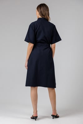 Navy Cotton Blend Short Sleeve Tie Waist Poplin Midi Shirt Dress