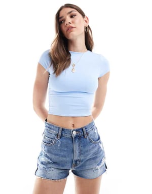 ASOS DESIGN dubbel lager andra hud kortärmad crop top i blå