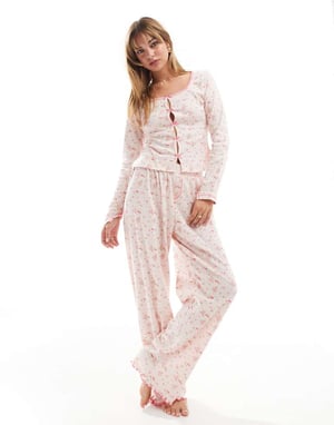 ASOS DESIGN mix & match ditsy rosetttryck punktstickad pyjamascardigan i rosa