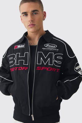 Boxy Badge Twill Moto Jacket In Black