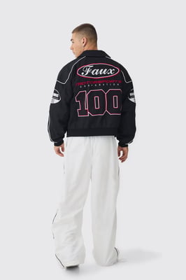 Boxy Badge Twill Moto Jacket In Black