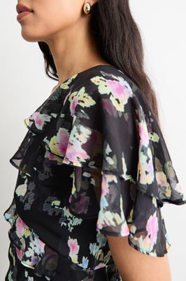 Flutter Sleeve Floral Print Frill Detail Maxi Dress