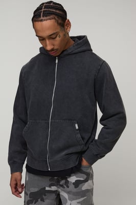 Essential Washed Boxy Zip Through Hoodie
