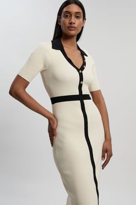 Knit Rib With Contrast Waist Detail Collared Short Sleeve Midi Dress