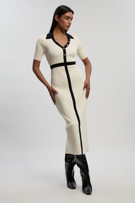 Knit Rib With Contrast Waist Detail Collared Short Sleeve Midi Dress