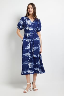Pleated Sleeve Belted Midi Dress