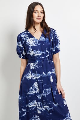 Pleated Sleeve Belted Midi Dress