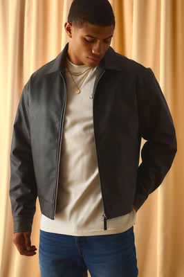 Regular Fit Antique PU Zip Up Harrington Jacket