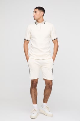 Slim Fit Pique Interlock Stripe Polo and Shorts Set