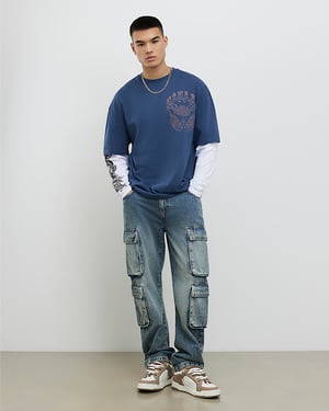 River Island Mens T-Shirt Blue Japanese Double Layered