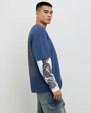River Island Mens T-Shirt Blue Japanese Double Layered