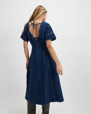 River Island Womens Midi Dress Blue Denim Short Sleeve Seamed