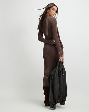 River Island Womens Midi Dress Brown Knitted Long Sleeve Tie Neck