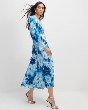 River Island Womens Midi Dress Blue Floral Long Sleeve