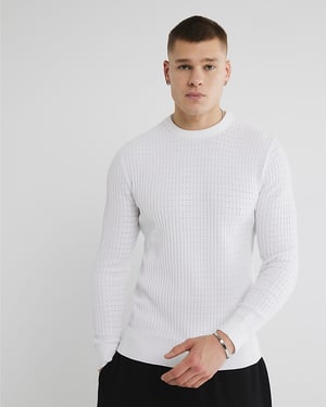 River Island Mens Jumper White Muscle Fit Textured