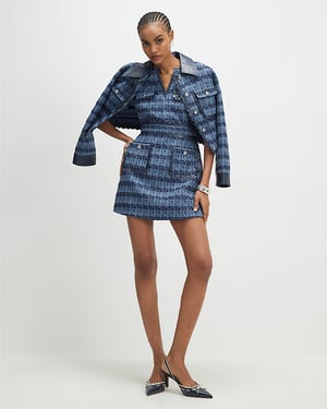 River Island Womens Mini Dress Blue Faux Leather Scallop Boucle