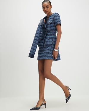 River Island Womens Mini Dress Blue Faux Leather Scallop Boucle