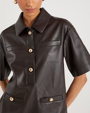 River Island Womens Shirt Dress Brown Faux Leather Pocket Detail