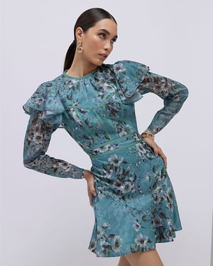 River Island Womens Mini Dress Blue Floral Ruffle